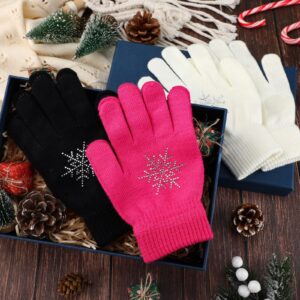 Jiuguva 3 Pairs Ice Skating Gloves Figure Skating Accessories Gloves with Snowflake Rhinestone Knit Gloves for Kid Girl (Black, White, Pink)