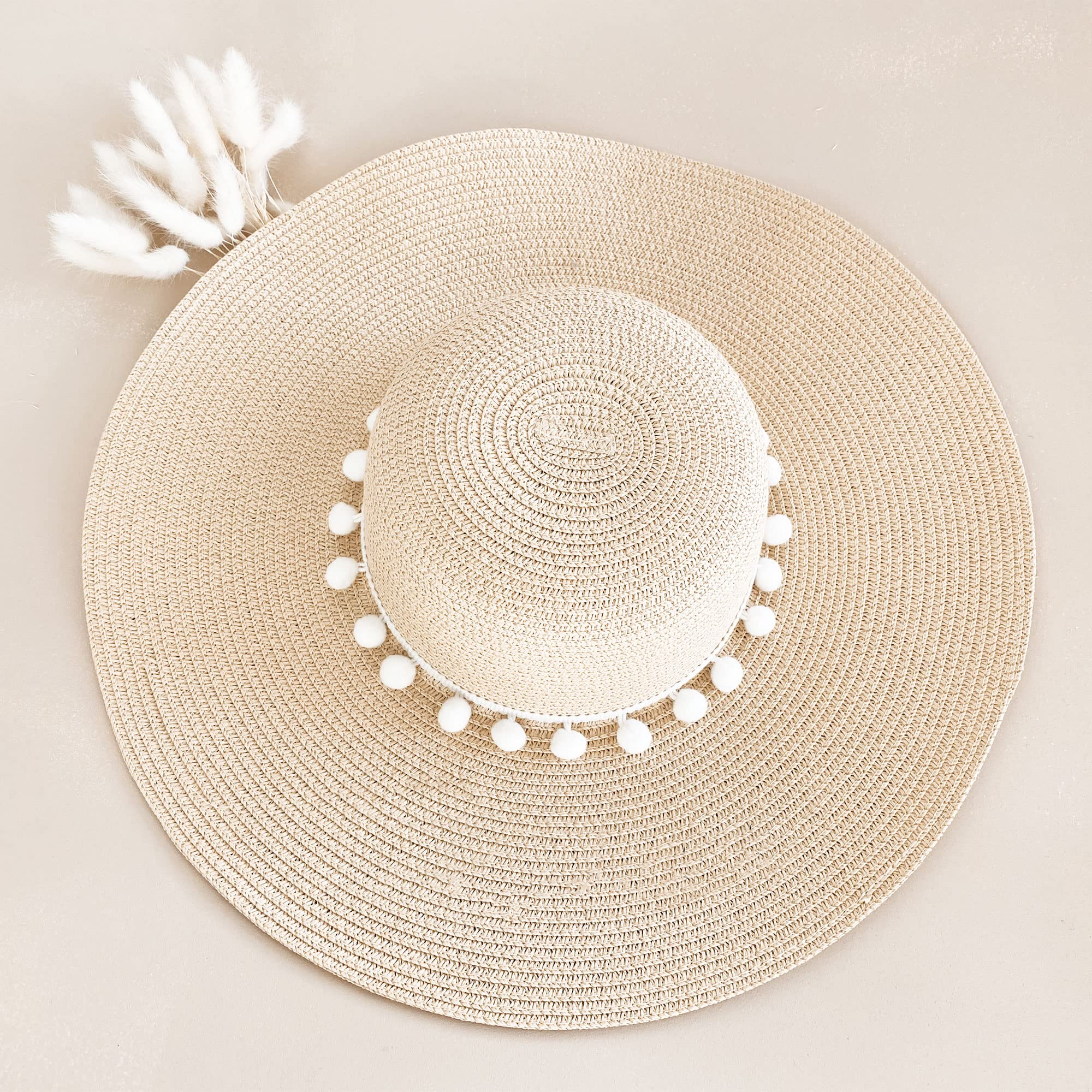 Personalized Beach Hat | Custom Tan Hat with White Poms | Women’s Floppy Hat | Mrs Honeymoon Foldable Sun Hat for Bride