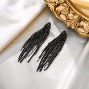 Flyonce Sparkly Rhinestone Chandelier Earrings, Crystal Statement Tassel Long Dangle Earrings fo Women s Black