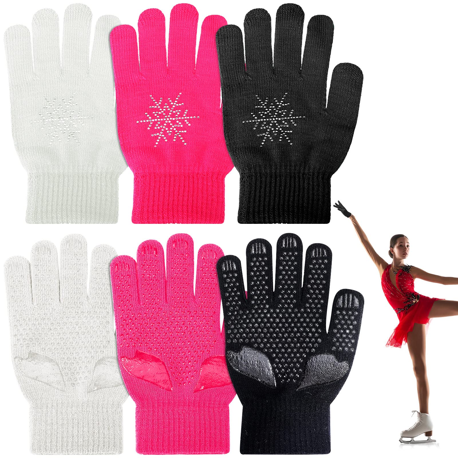 Jiuguva 3 Pairs Ice Skating Gloves Figure Skating Accessories Gloves with Snowflake Rhinestone Knit Gloves for Kid Girl (Black, White, Pink)