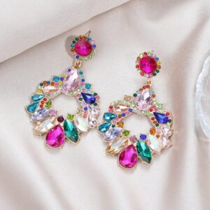 VANGETIMI Fashion Rhinestone Statement Drop Dangle Zinc Earrings Large Colorful Crystal Chandelier Earrings for Women Bridal Wedding Party Prom