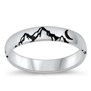 mountains moon wild nature polished ring .925 sterling silver band size 9