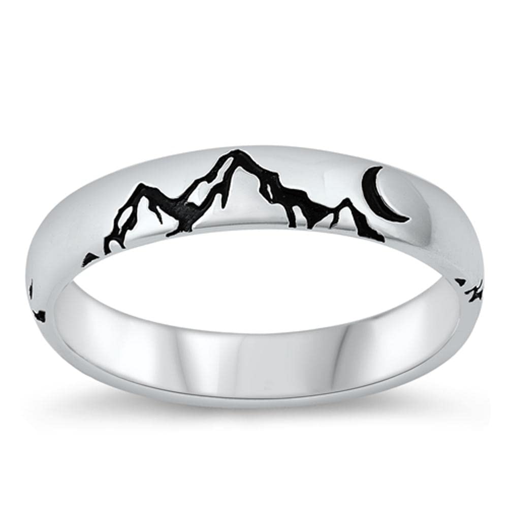 Mountains Moon Wild Nature Polished Ring .925 Sterling Silver Band Size 9