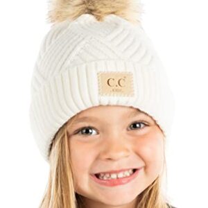 Funky Junque Girl's Knit Pom Beanie Hat: Diagonal Stripes Faux Fur Pom w/Patch (White)