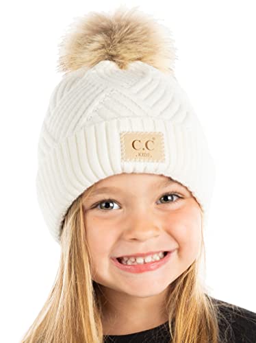 Funky Junque Girl's Knit Pom Beanie Hat: Diagonal Stripes Faux Fur Pom w/Patch (White)