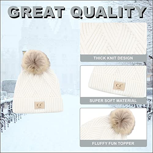 Funky Junque Girl's Knit Pom Beanie Hat: Diagonal Stripes Faux Fur Pom w/Patch (White)