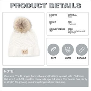 Funky Junque Girl's Knit Pom Beanie Hat: Diagonal Stripes Faux Fur Pom w/Patch (White)