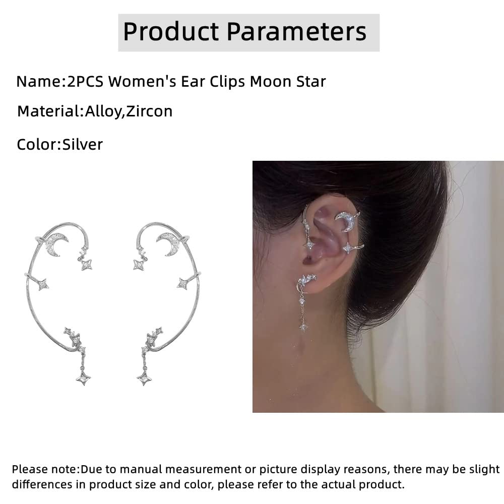 2PCS Women's Clip-On Earrings Hook Without Pierced (Star Moon Ear Clips)