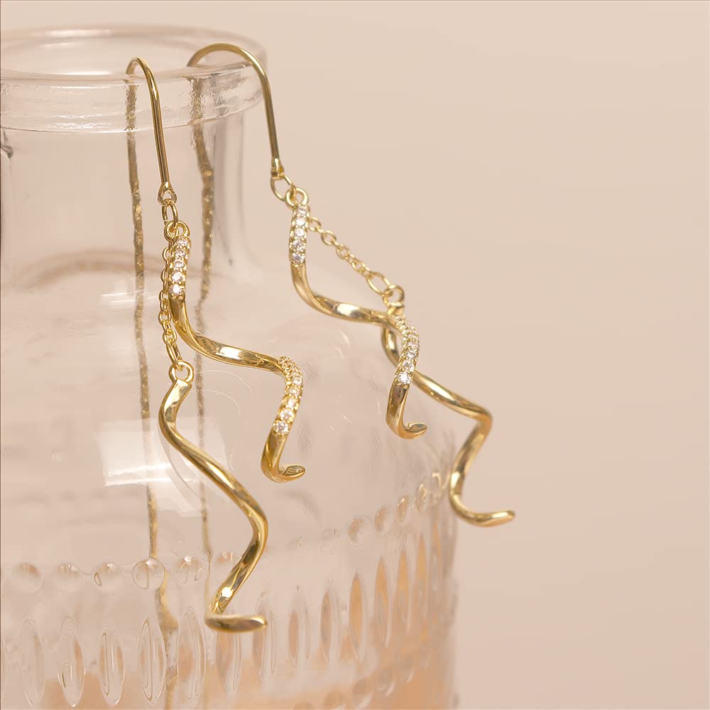 Sonateomber Gold Long Spiral Chain Dangle Threader Earrings for Women Dainty Cute Cubic Zirconia Geometric Curve Twisted Drop Dangly Thread Earrings Jewelry Prom Gifts