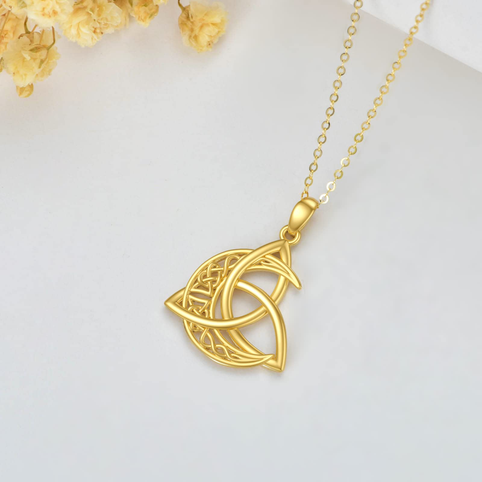 Solid Gold 14K Celtic Moon Necklace for Women, Real Gold Celtic Knot Pendant Necklace Crescent Irish Fine Jewelry Anniversary Mother's Day Gift for Wife, Mom, 16''-18''