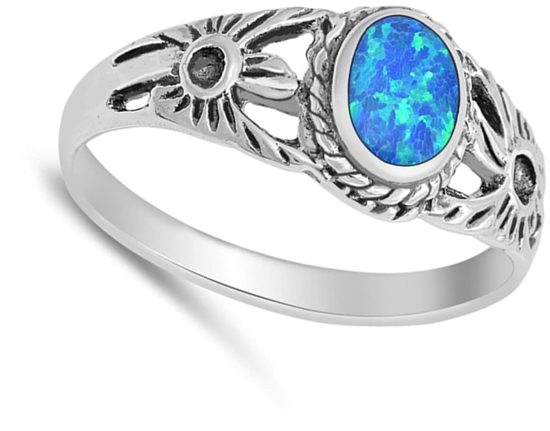 Flower Blue Simulated Opal Wholesale Ring New .925 Sterling Silver Band Size 8