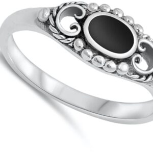 Simulated Black Onyx Cute Heart Bead Bali Ring New .925 Sterling Silver Band Size 10