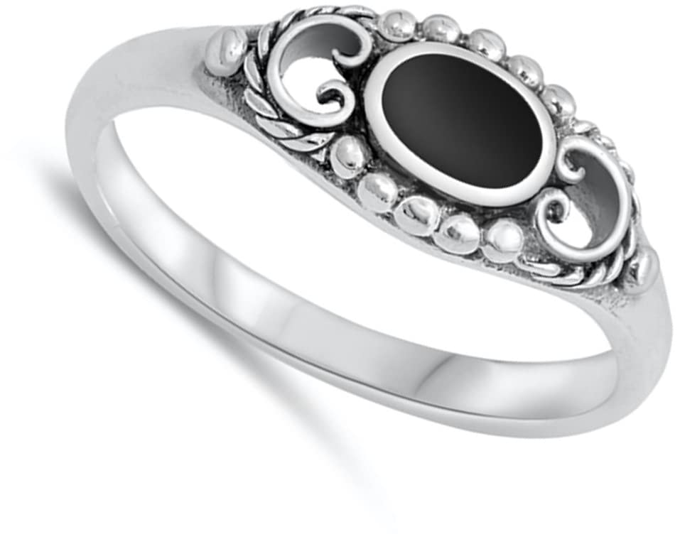 Simulated Black Onyx Cute Heart Bead Bali Ring New .925 Sterling Silver Band Size 10