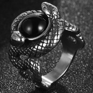 Retro Vintage Stainless Steel Created Black Onyx Stone Double Snakes Cocktail Party Halloween Biker Ring (Black, 7)