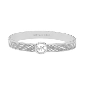 Michael Kors Brass and Pavé Crystal MK Logo Bangle Bracelet for Women, Color: Silver (Model: MKJ8003040)