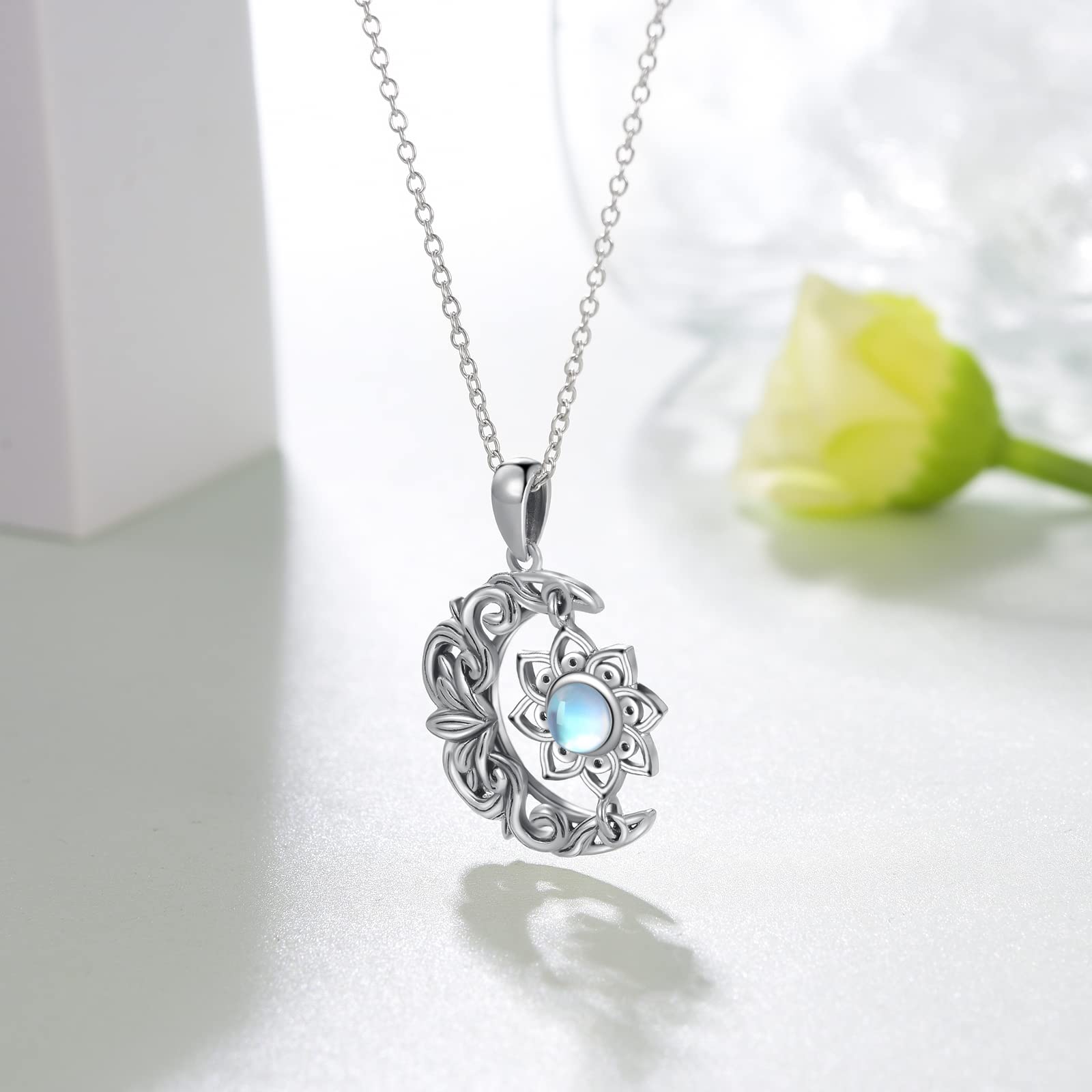 SCZKLAQ Lotus Necklace for Women 925 Sterling Silver Lotus Flower Necklace Moonstone Yoga Lotus Jewelry for Women Lotus Gifts