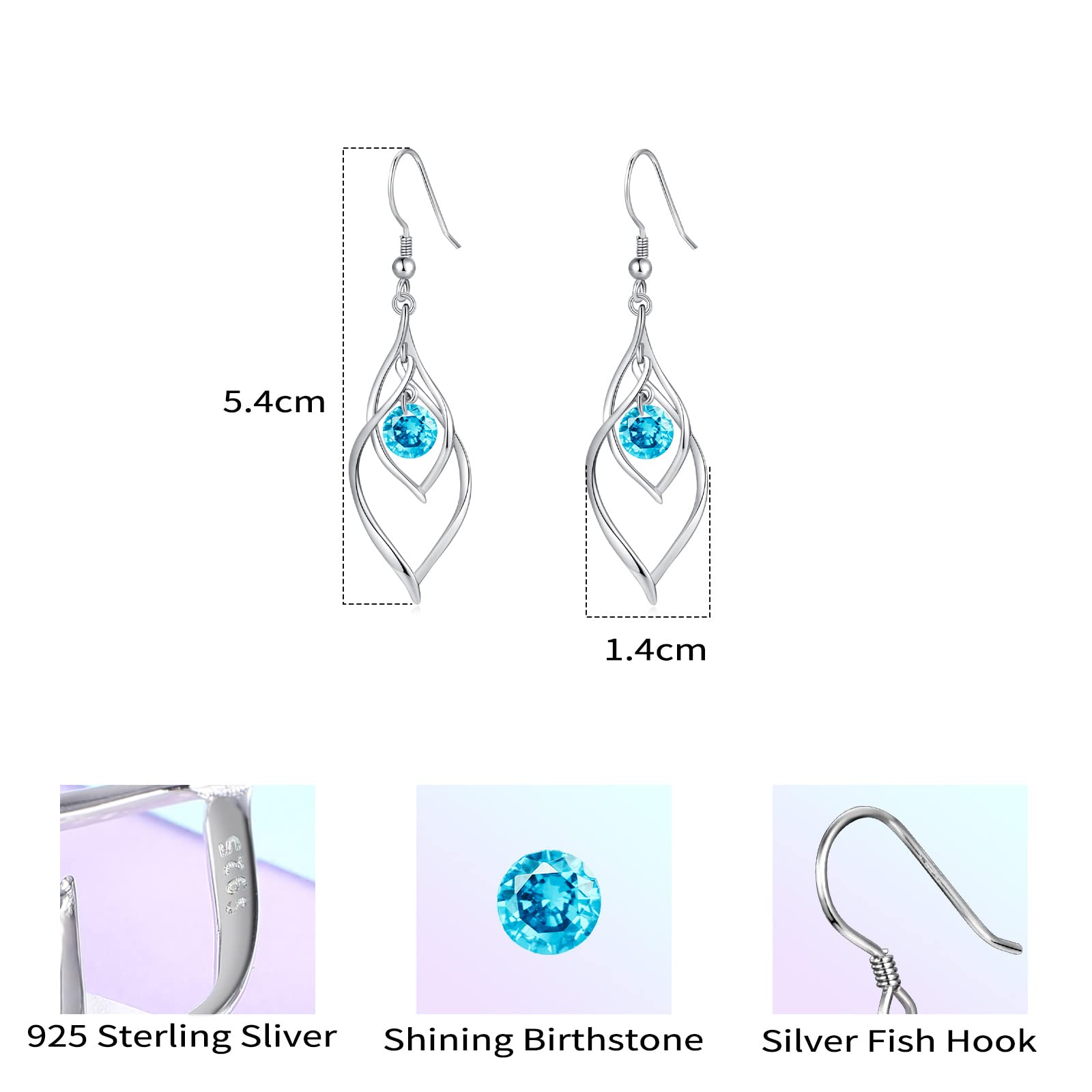 March Birthstone Dangle Drop Earrings - 925 Sterling Silver Aquamarine Double Twist Leaf Linear Swirl Earrings Infinity Blue CZ Birthstone Fishhook Earring, Classic Birthday Jewelry for Women