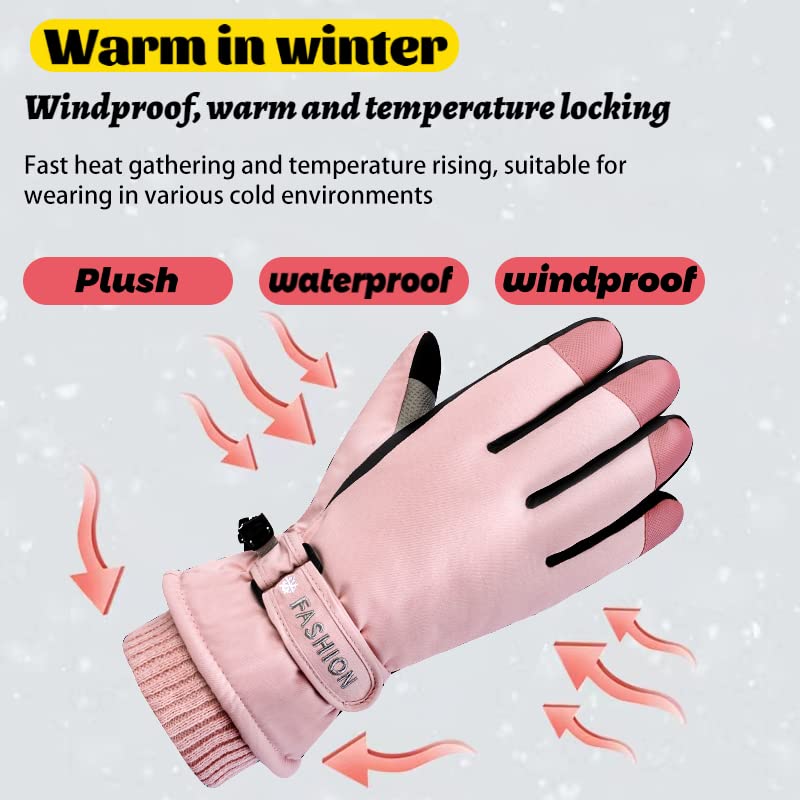 WAMENGJEA Women Winter Ski Gloves, Waterproof Touchscreen Snowboard Gloves, Windproof Warm Snow Gloves for Skiing Running and Cycling (Pink)