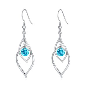 march birthstone dangle drop earrings - 925 sterling silver aquamarine double twist leaf linear swirl earrings infinity blue cz birthstone fishhook earring, classic birthday jewelry for women