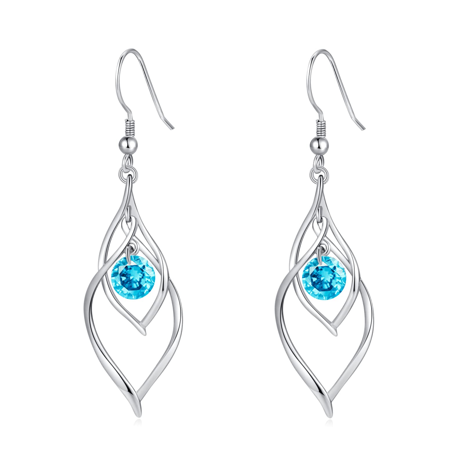 March Birthstone Dangle Drop Earrings - 925 Sterling Silver Aquamarine Double Twist Leaf Linear Swirl Earrings Infinity Blue CZ Birthstone Fishhook Earring, Classic Birthday Jewelry for Women