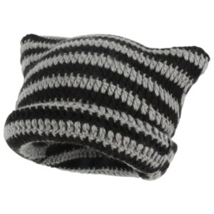 women cat beanie vintage beanies, winter warm knitted stripe grunge accessories slouchy headgear (black stripe,one size)