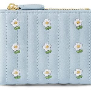 kuifang Girls Cute flowers Print Wallet, Small Tri-folded Aesthetic Wallet, PU Leather Purse Cash Pocket Card Holder ID Window Purse for Women(Blue)