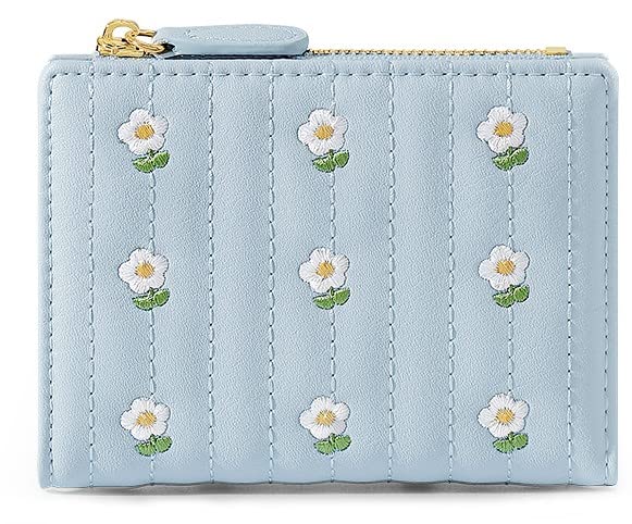 kuifang Girls Cute flowers Print Wallet, Small Tri-folded Aesthetic Wallet, PU Leather Purse Cash Pocket Card Holder ID Window Purse for Women(Blue)