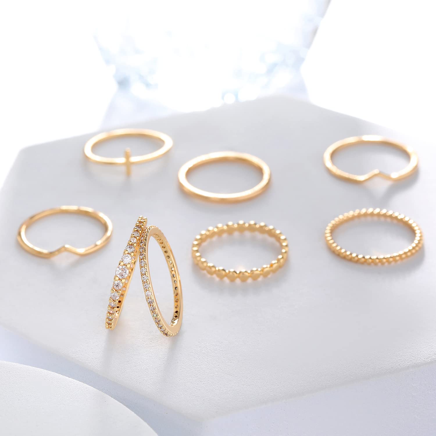 RLMOON 8PCS 14K Gold/Silver Plated Ring Set for Women Dainty CZ Simulated Diamond Ring Eternity Band Non-Tarnish Gold Stackable Ring Size 4-11 (Stacking Ring Gold, 8)