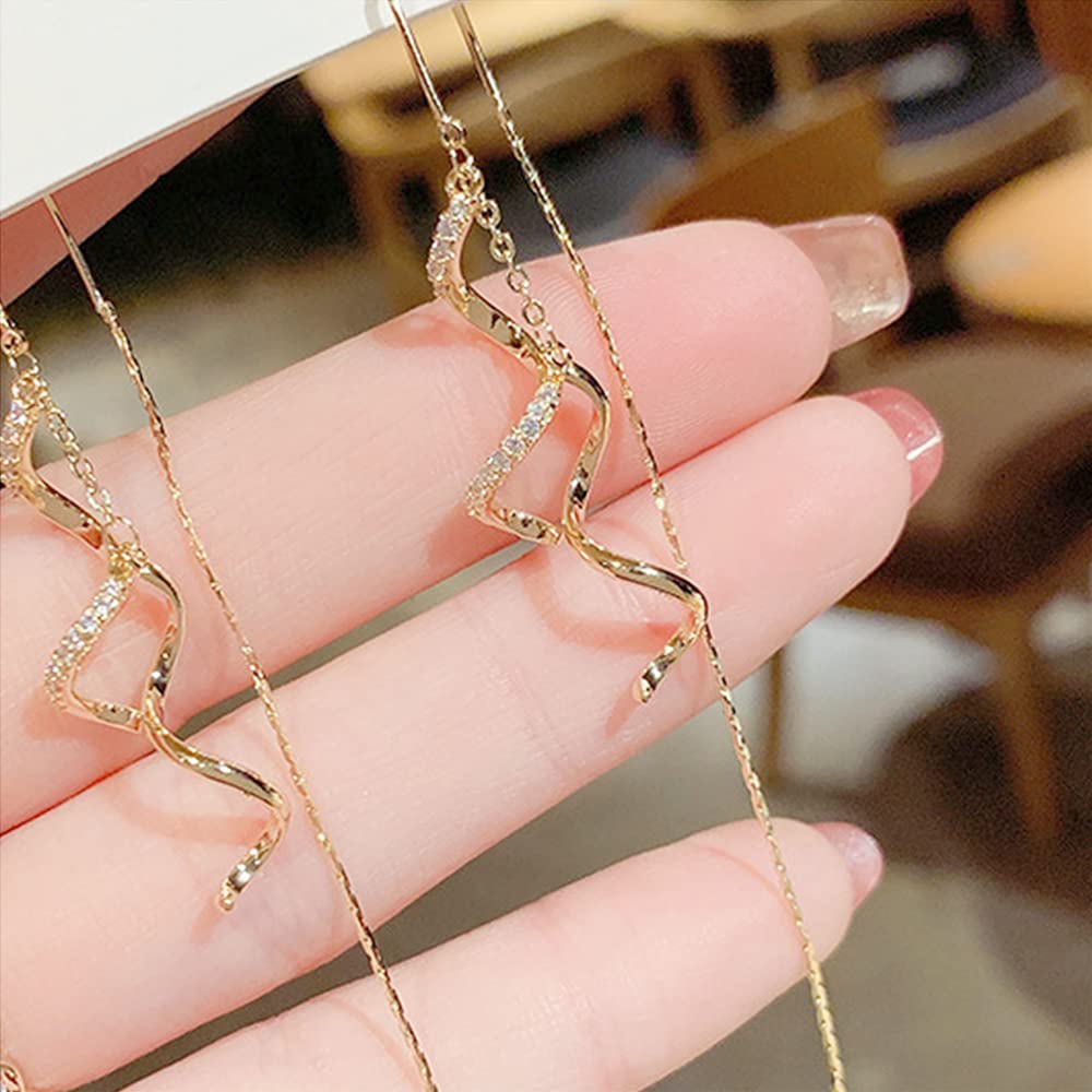 Sonateomber Gold Long Spiral Chain Dangle Threader Earrings for Women Dainty Cute Cubic Zirconia Geometric Curve Twisted Drop Dangly Thread Earrings Jewelry Prom Gifts