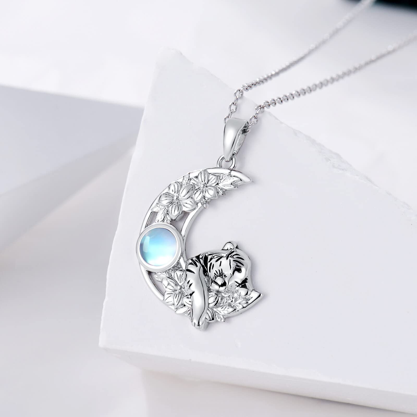 TOUPOP Christmas Gifts Tiger Crescent Moon Pendant Necklace for Women Girls Moonstone Jewelry 925 Sterling Silver Wild Animal Tiger Necklace Daughter Gifts from Mom Dad Thanksgiving Day