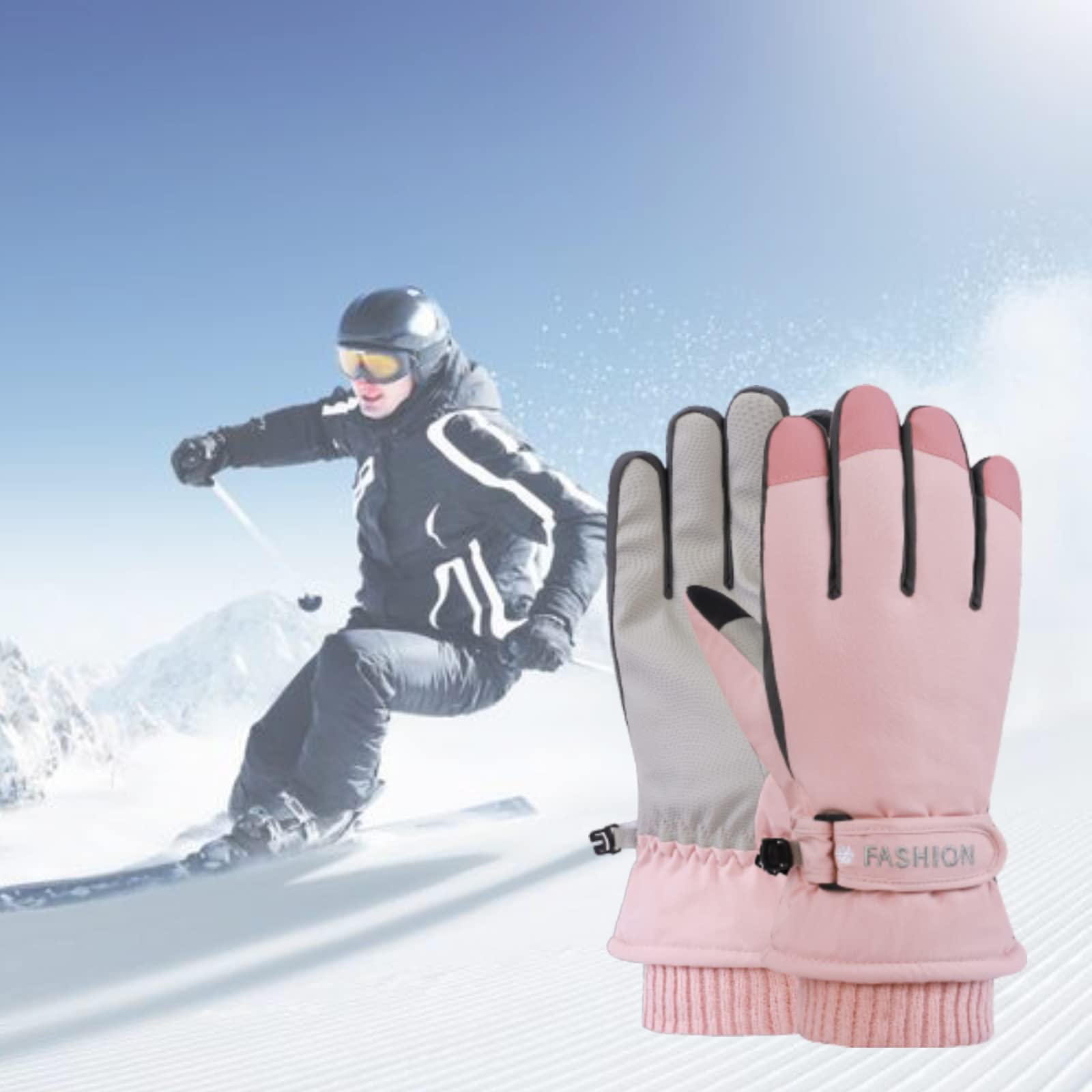 WAMENGJEA Women Winter Ski Gloves, Waterproof Touchscreen Snowboard Gloves, Windproof Warm Snow Gloves for Skiing Running and Cycling (Pink)