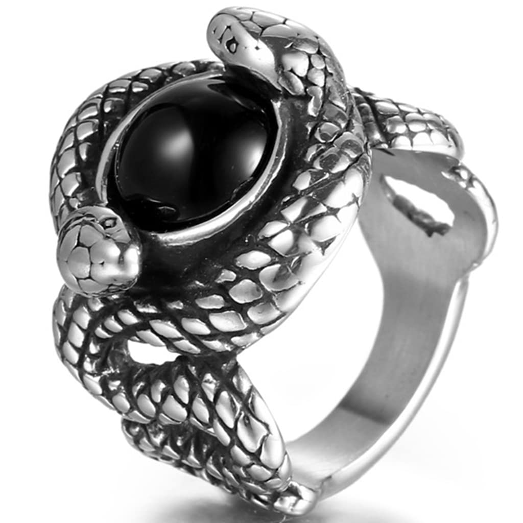 Retro Vintage Stainless Steel Created Black Onyx Stone Double Snakes Cocktail Party Halloween Biker Ring (Black, 7)