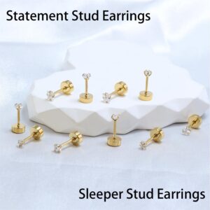 Flat Back Earrings for Women Hypoallergenic: 5 Pairs 14K Gold Tiny Stud Earrings in Stainless Steel Lightweight Round Star Square Heart Triangle Cubic Zirconia Earrings Studs for Lobe, Cartilage, Helix (14K Gold Plated)