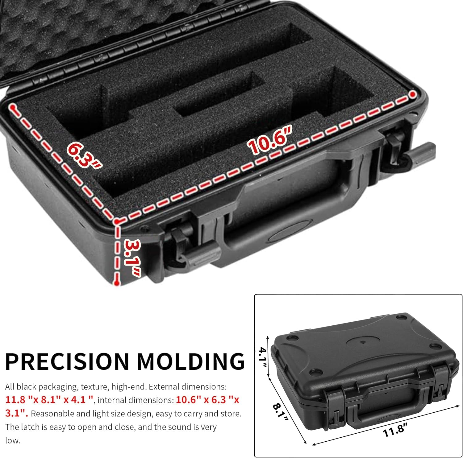 TORIBIO Wireless Microphone Case, Hard Carrying Case with Customizable Foam, Portable Storage Case, IP67 Waterproof Anti-fall Box, Equipment Protector Case for Travel Outing, 11.6"x8.1"x4", Black