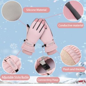 WAMENGJEA Women Winter Ski Gloves, Waterproof Touchscreen Snowboard Gloves, Windproof Warm Snow Gloves for Skiing Running and Cycling (Pink)