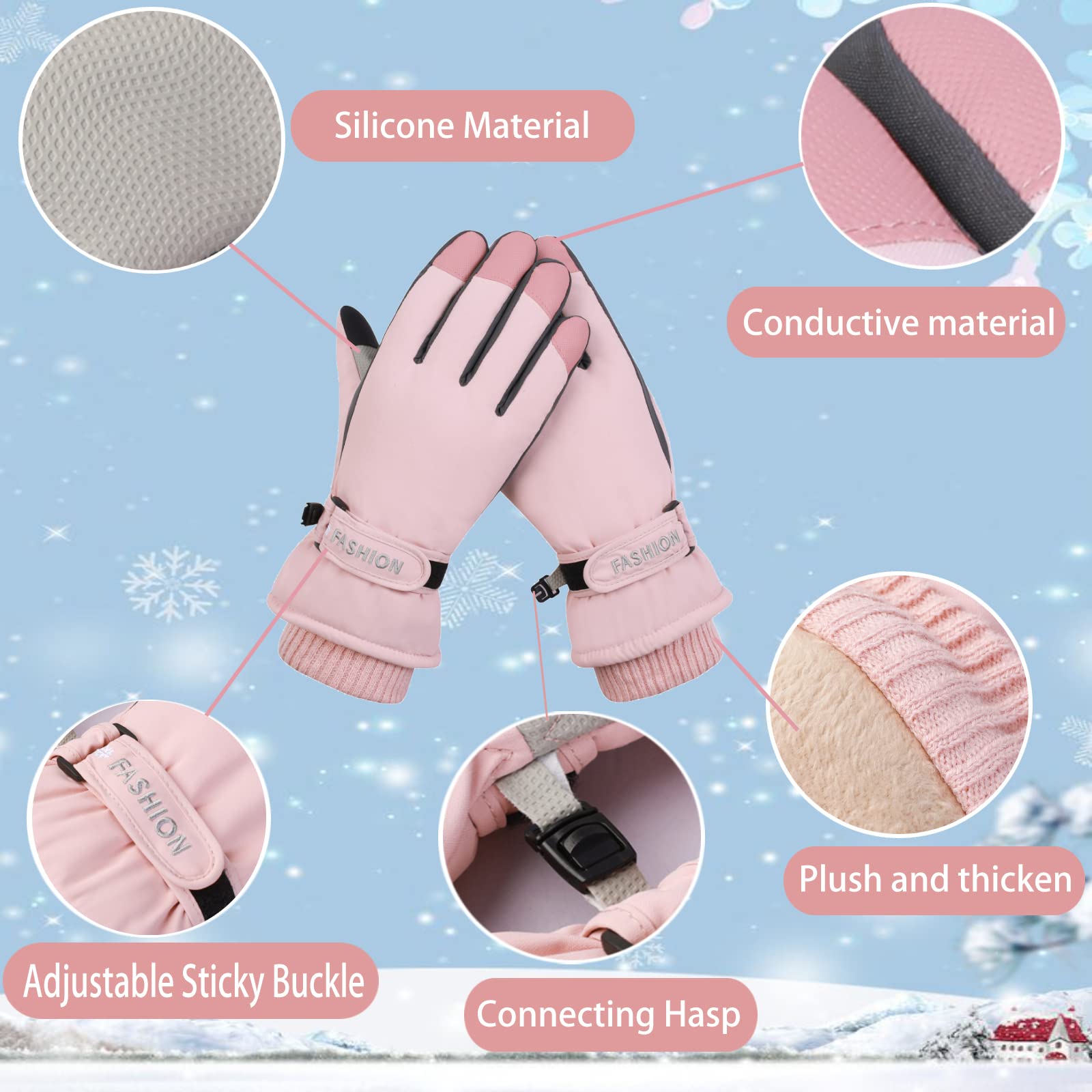 WAMENGJEA Women Winter Ski Gloves, Waterproof Touchscreen Snowboard Gloves, Windproof Warm Snow Gloves for Skiing Running and Cycling (Pink)