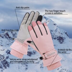 WAMENGJEA Women Winter Ski Gloves, Waterproof Touchscreen Snowboard Gloves, Windproof Warm Snow Gloves for Skiing Running and Cycling (Pink)