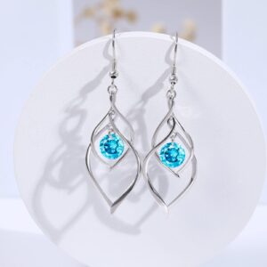 March Birthstone Dangle Drop Earrings - 925 Sterling Silver Aquamarine Double Twist Leaf Linear Swirl Earrings Infinity Blue CZ Birthstone Fishhook Earring, Classic Birthday Jewelry for Women