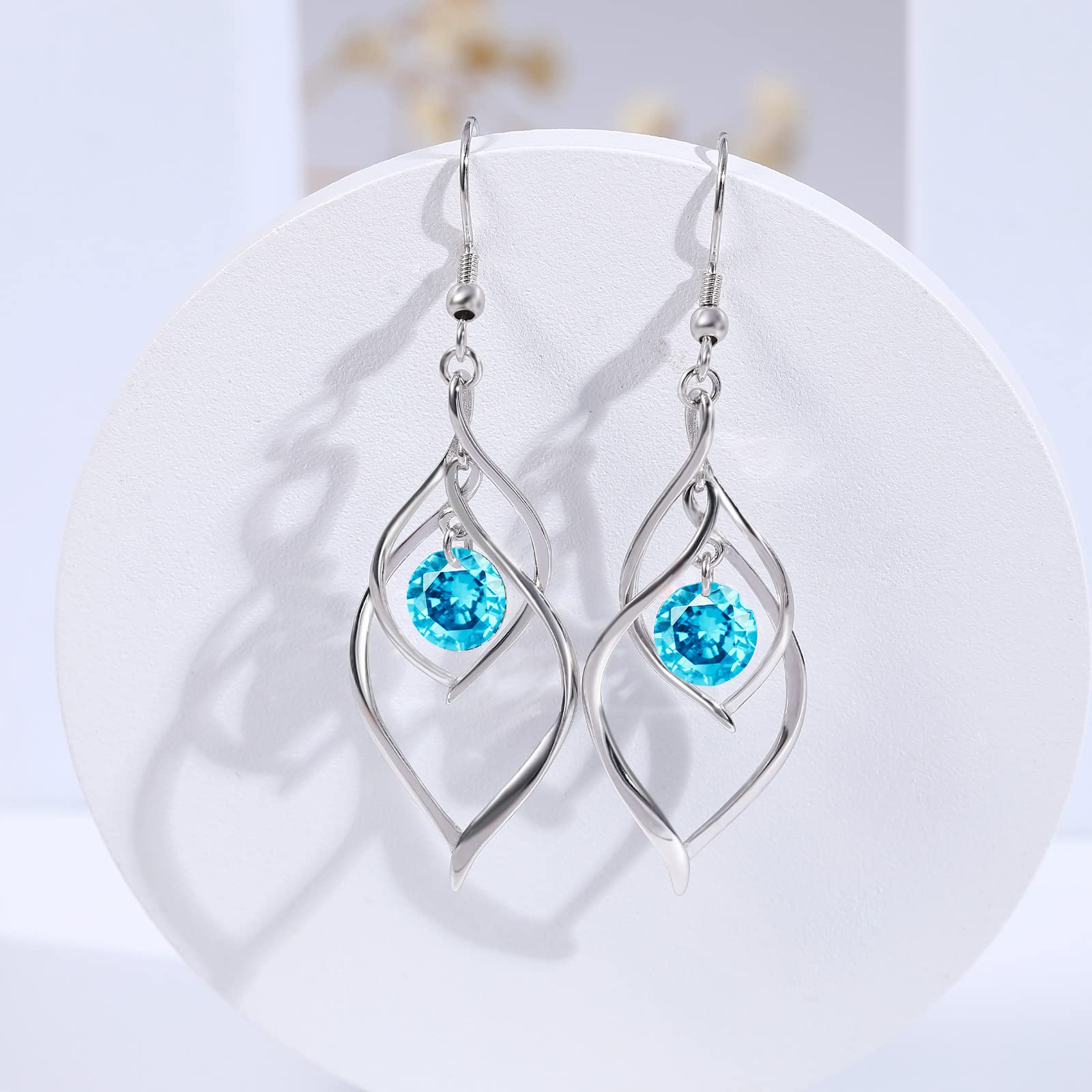 March Birthstone Dangle Drop Earrings - 925 Sterling Silver Aquamarine Double Twist Leaf Linear Swirl Earrings Infinity Blue CZ Birthstone Fishhook Earring, Classic Birthday Jewelry for Women