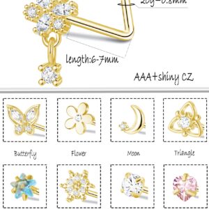 Fxiqini 12Pcs Nose Stud Rings L Shaped Cubic Zirconia Stainless Steel Nose Studs Moon Butterfly Snake Flower Red Heart Star Dangle Nose Piercing Jewelry Nose Stud for Women Men 20G Silver Gold Tone