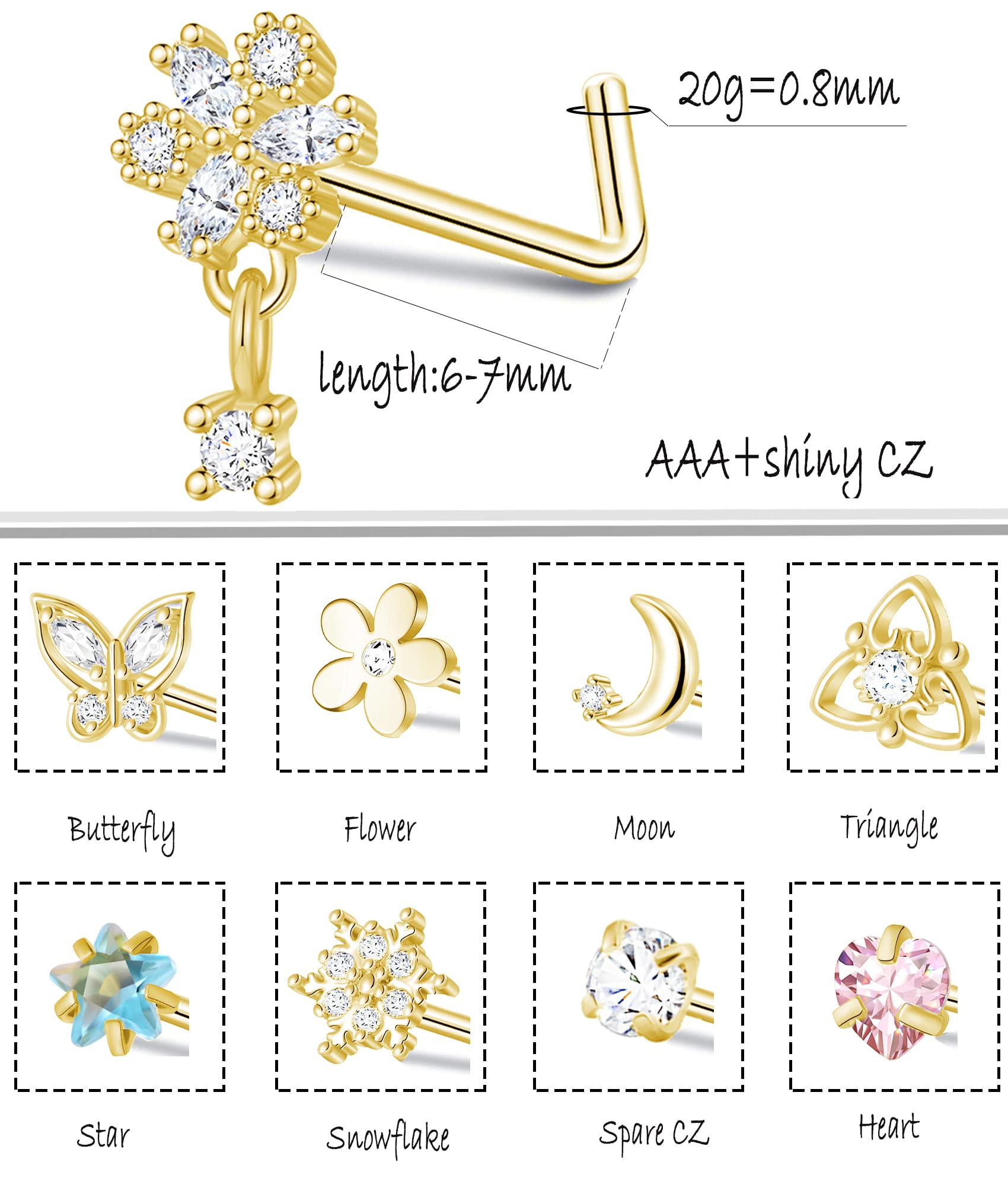 Fxiqini 12Pcs Nose Stud Rings L Shaped Cubic Zirconia Stainless Steel Nose Studs Moon Butterfly Snake Flower Red Heart Star Dangle Nose Piercing Jewelry Nose Stud for Women Men 20G Silver Gold Tone