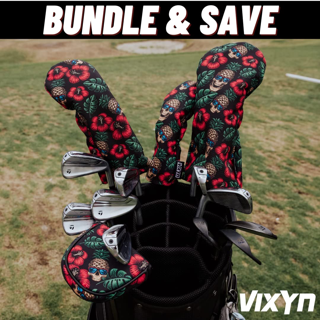 VIXYN Golf Club and Mallet Putter Cover Bundle Set - 4 Pack Golf Club Covers for Driver, Woods, Hybrid, and Mallet Putter (Pineapple Skull)