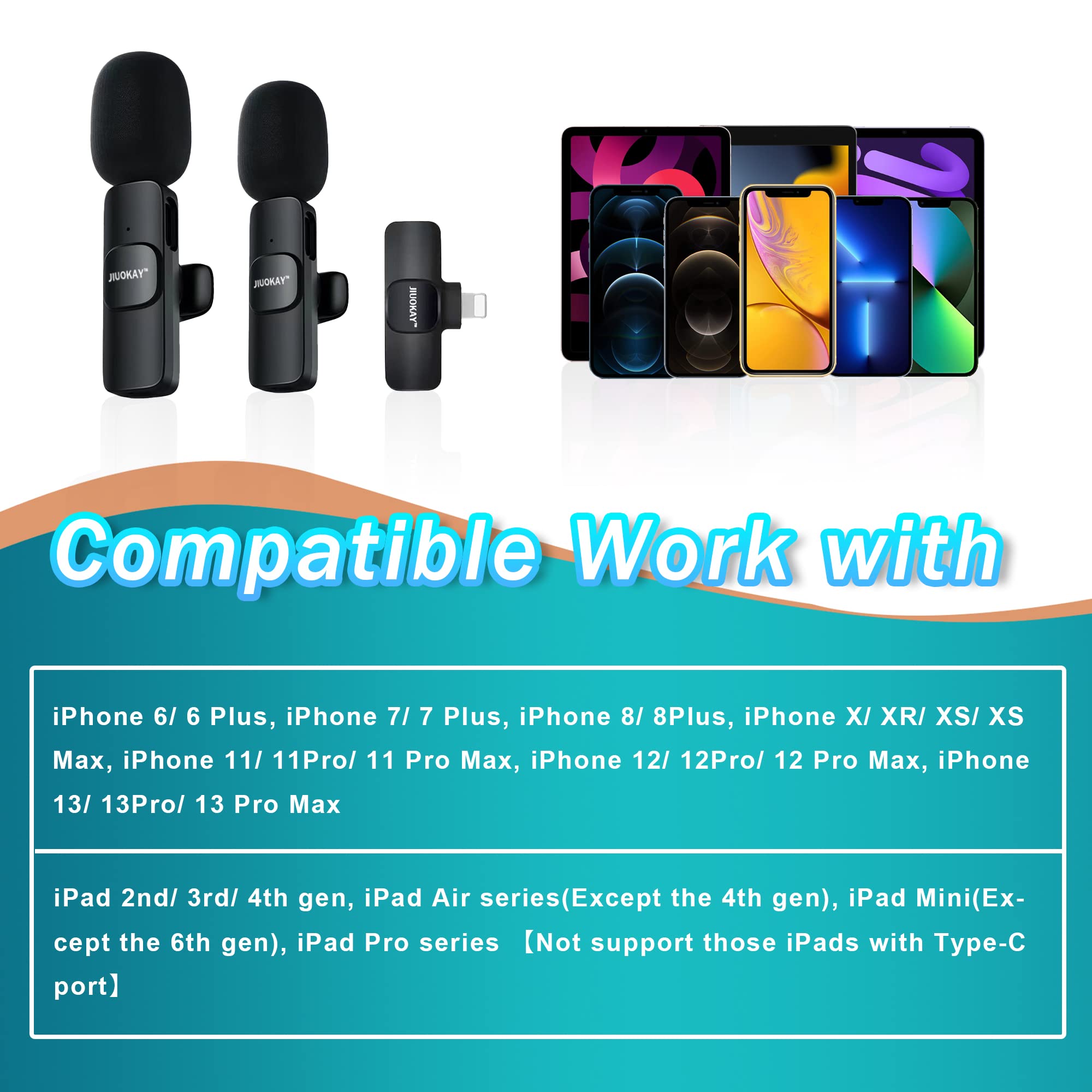 JIUOKAY 2 Pack Wireless lavalier Microphone for iPhone iPad, Tab Phones, iPhone Microphone for Video Recording Interview Podcast Vlog Zoom Facebook TikTok (Black-iPhone)