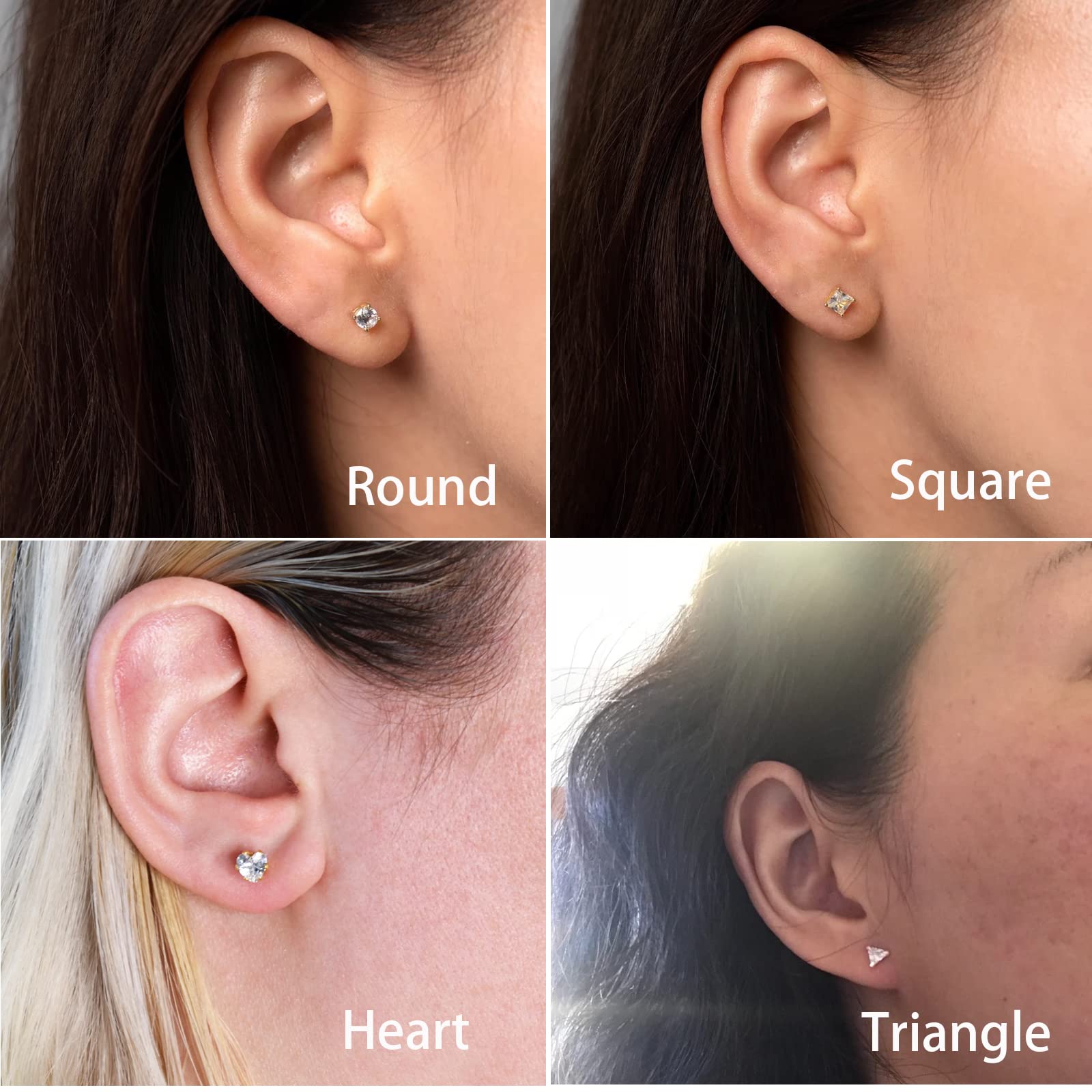 Flat Back Earrings for Women Hypoallergenic: 5 Pairs 14K Gold Tiny Stud Earrings in Stainless Steel Lightweight Round Star Square Heart Triangle Cubic Zirconia Earrings Studs for Lobe, Cartilage, Helix (14K Gold Plated)