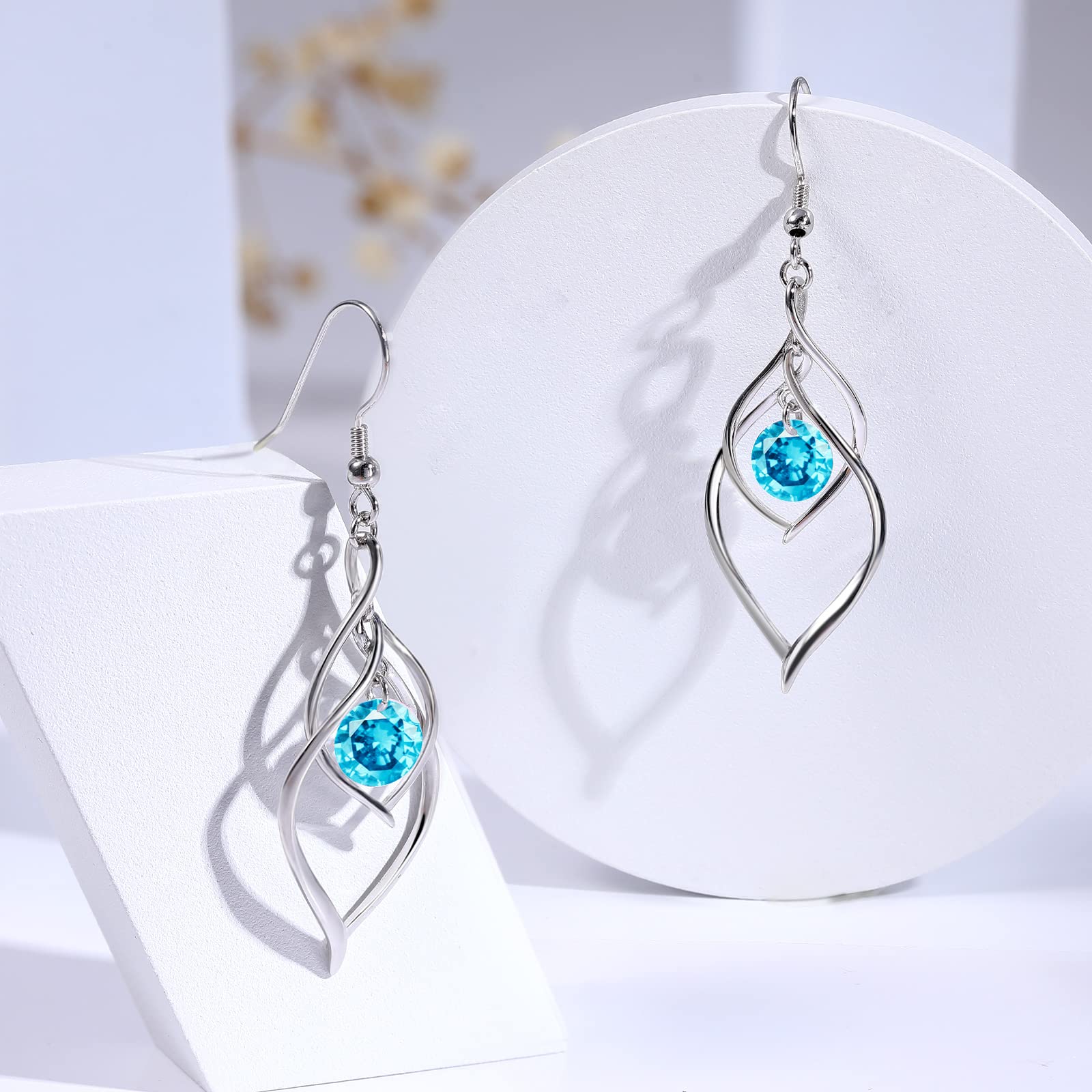 March Birthstone Dangle Drop Earrings - 925 Sterling Silver Aquamarine Double Twist Leaf Linear Swirl Earrings Infinity Blue CZ Birthstone Fishhook Earring, Classic Birthday Jewelry for Women