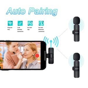 JIUOKAY 2 Pack Wireless lavalier Microphone for iPhone iPad, Tab Phones, iPhone Microphone for Video Recording Interview Podcast Vlog Zoom Facebook TikTok (Black-iPhone)