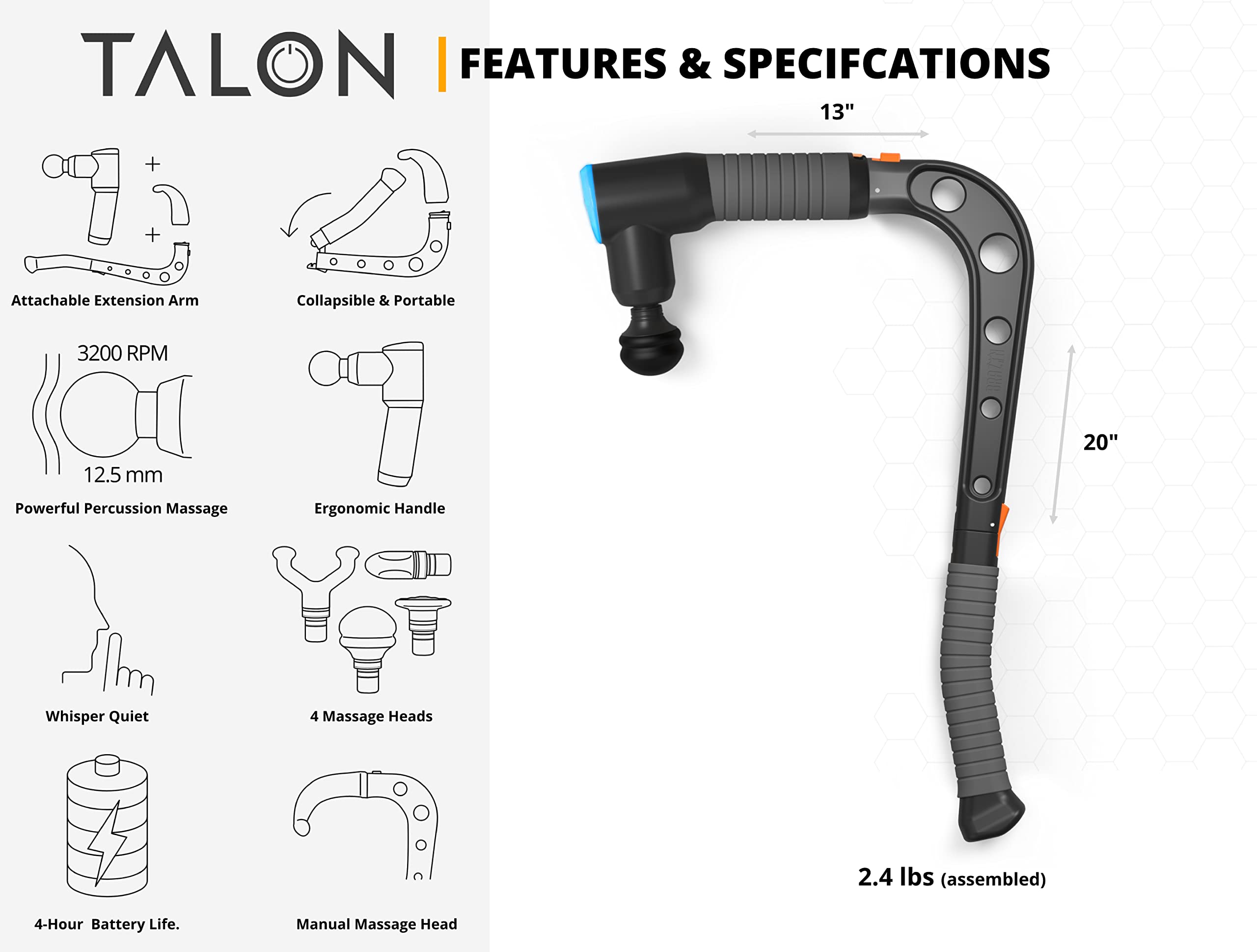 Brazyn - Talon Percussion Massage Gun + Massage Cane + Gun Holder System - Deep Tissue Muscle Massager with Arm Attachment for Whole Body Pain Relief, Upper and Lower Back, Neck & Shoulder Relaxer