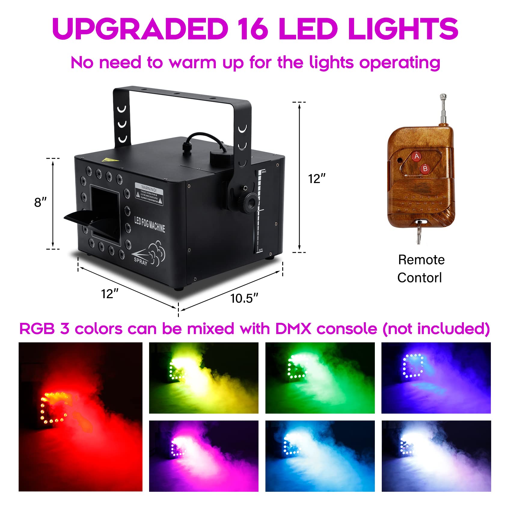 TCFUNDY 1500W Fog Machine with 16 LED Lights, Haze Machine 10000CFM with Timer Continuous Spray, Halloween Smoke Machine Stage Effect DMX Hazer, w/Remote Control, for Party Wedding Disco Performance