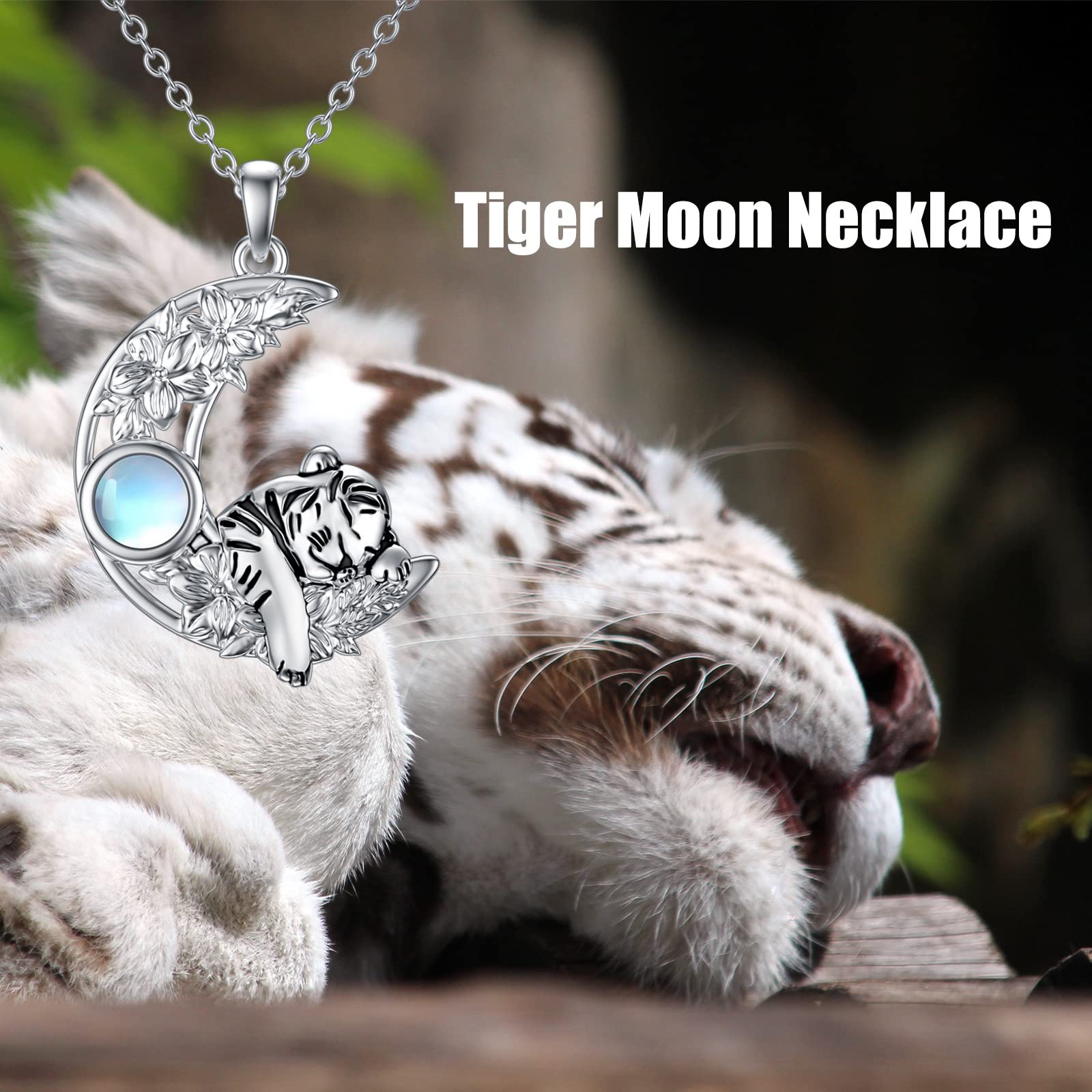 TOUPOP Christmas Gifts Tiger Crescent Moon Pendant Necklace for Women Girls Moonstone Jewelry 925 Sterling Silver Wild Animal Tiger Necklace Daughter Gifts from Mom Dad Thanksgiving Day