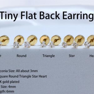 Flat Back Earrings for Women Hypoallergenic: 5 Pairs 14K Gold Tiny Stud Earrings in Stainless Steel Lightweight Round Star Square Heart Triangle Cubic Zirconia Earrings Studs for Lobe, Cartilage, Helix (14K Gold Plated)